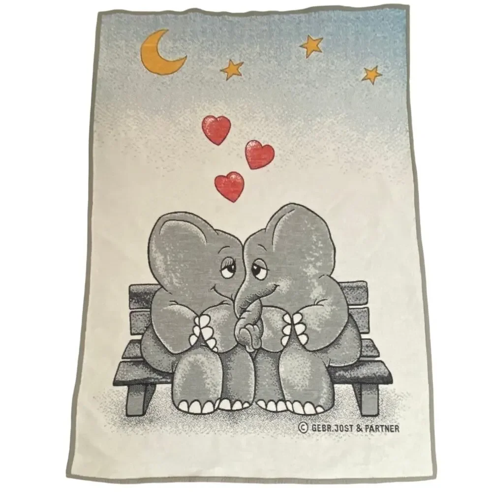 Vintage Elephant Blanket 50 x 70 Love Star Moon Hearts 1980s Biederlack Retro